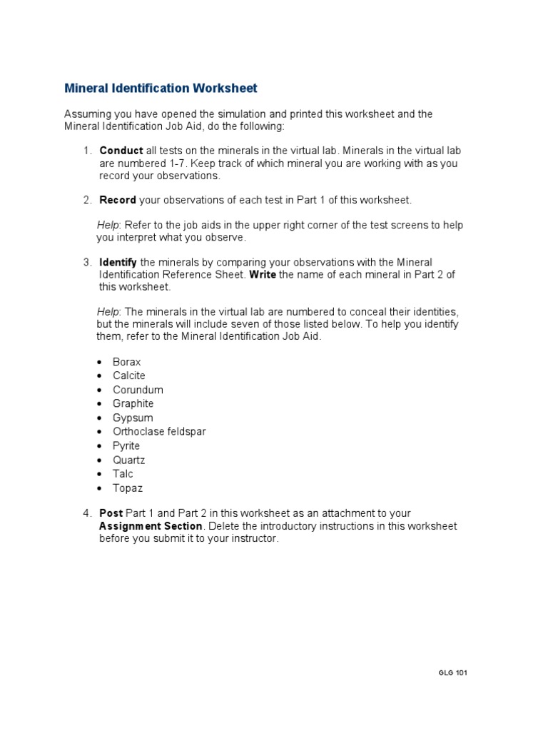 Worksheets Minerals Worksheet glg101r2 appendix c mineral identification worksheet minerals natural materials