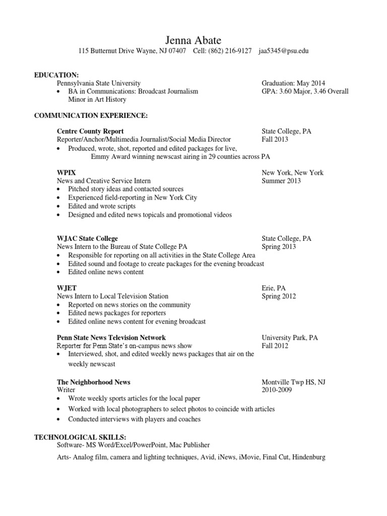 Jenna Abate: Broadcast Journalism Resume | PDF | Social Science | Art