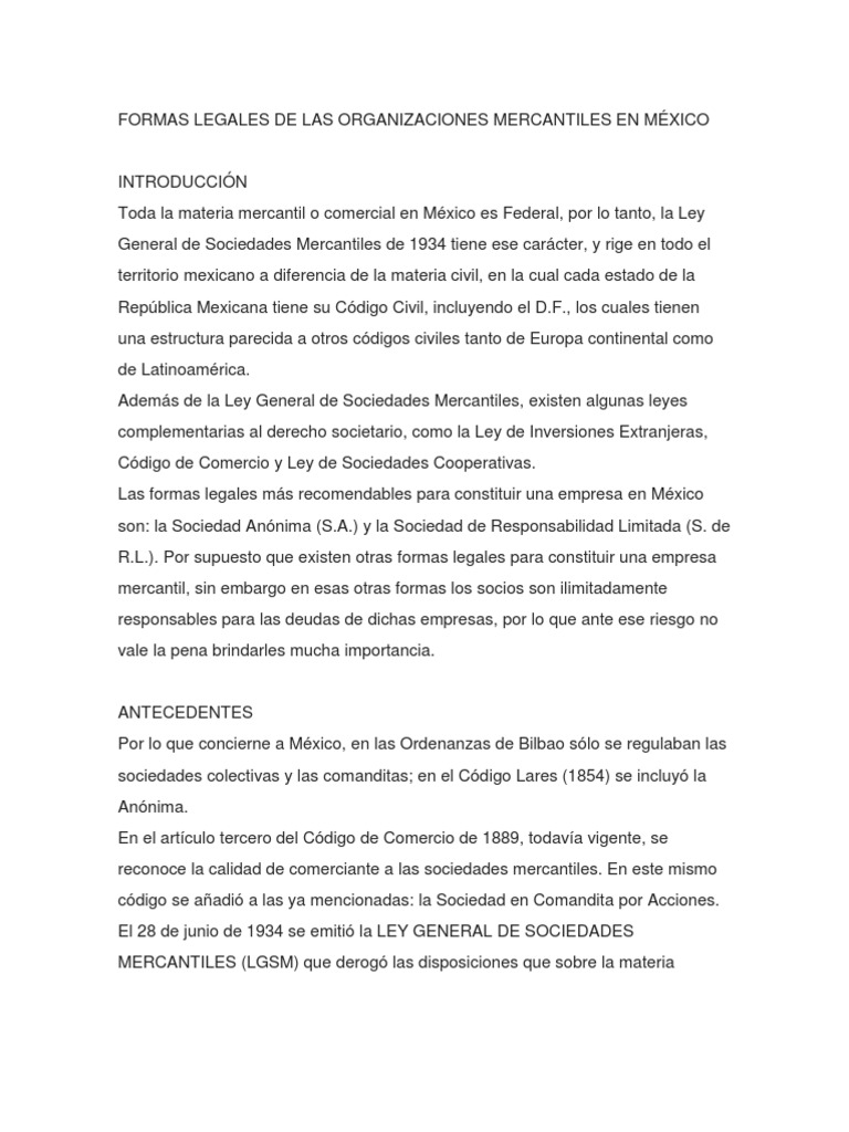 FORMAS LEGALES DE LAS ORGANIZACIONES MERCANTILES EN MÃ