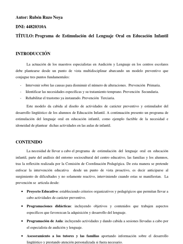 Estimulación del Lenguaje Oral Infantil | PDF | Aquisición de idioma ...