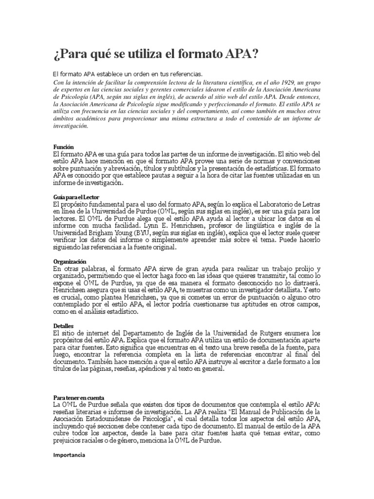 Para qué se utiliza el formato APA Estilo apa Lectura (proceso)