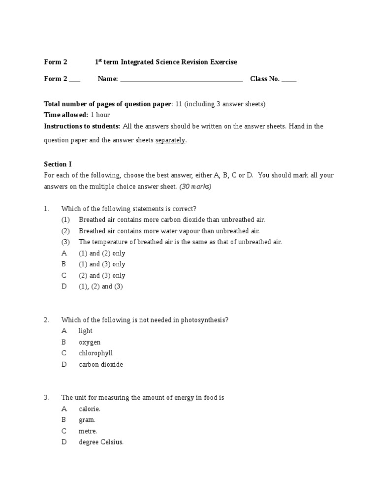 Revision Exercise For Science | PDF | Photosynthesis | Gases