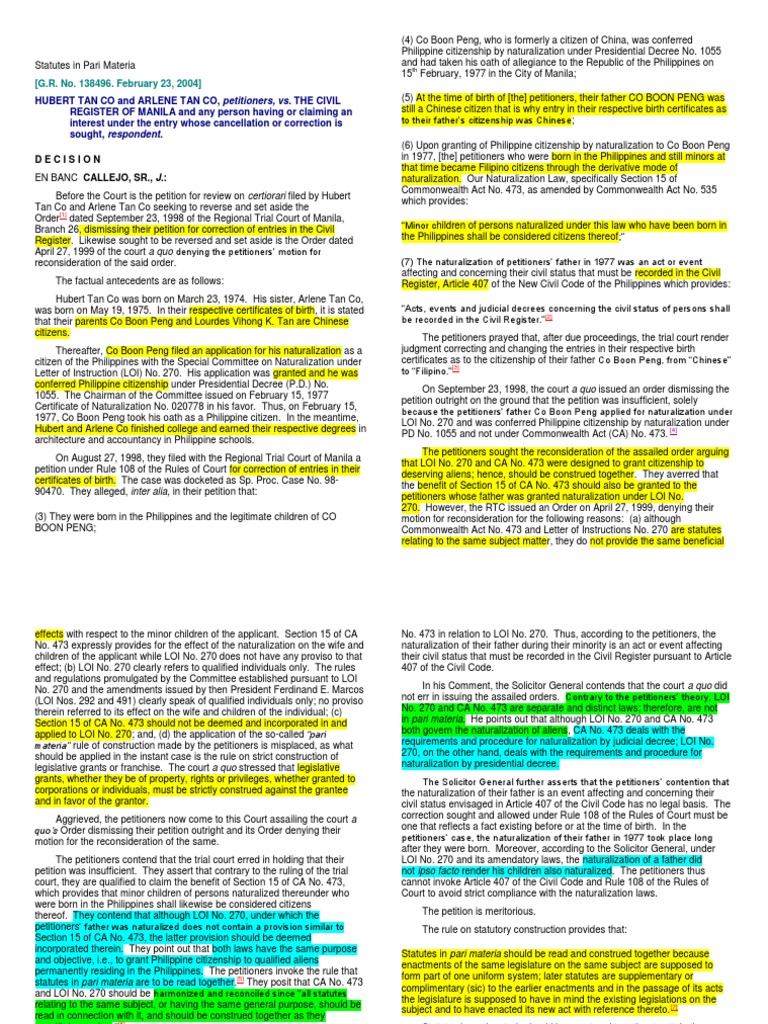 Statutes in Pari Materia PDF Naturalization Statutory Interpretation