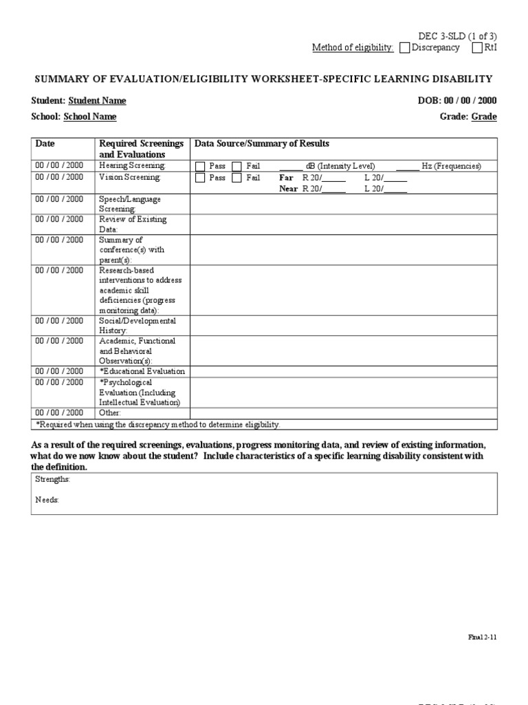 SLD Eligibility Evaluation Summary | PDF | Self-Improvement | Wellness