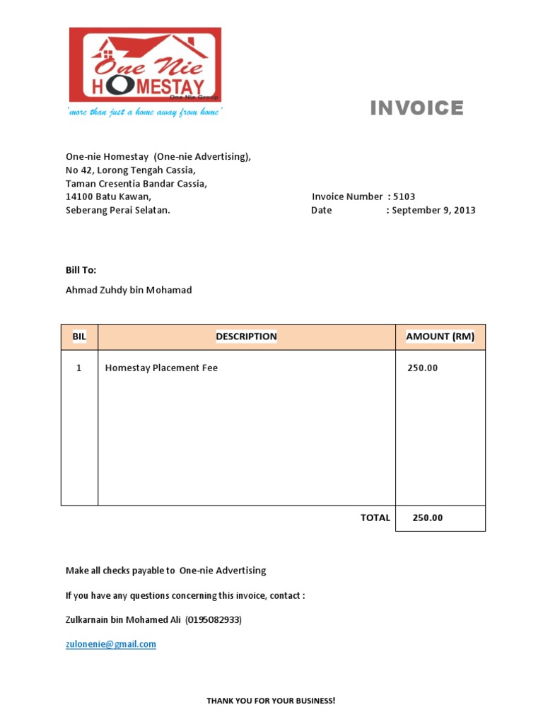 Homestay Invoice for Ahmad Zuhdy | PDF