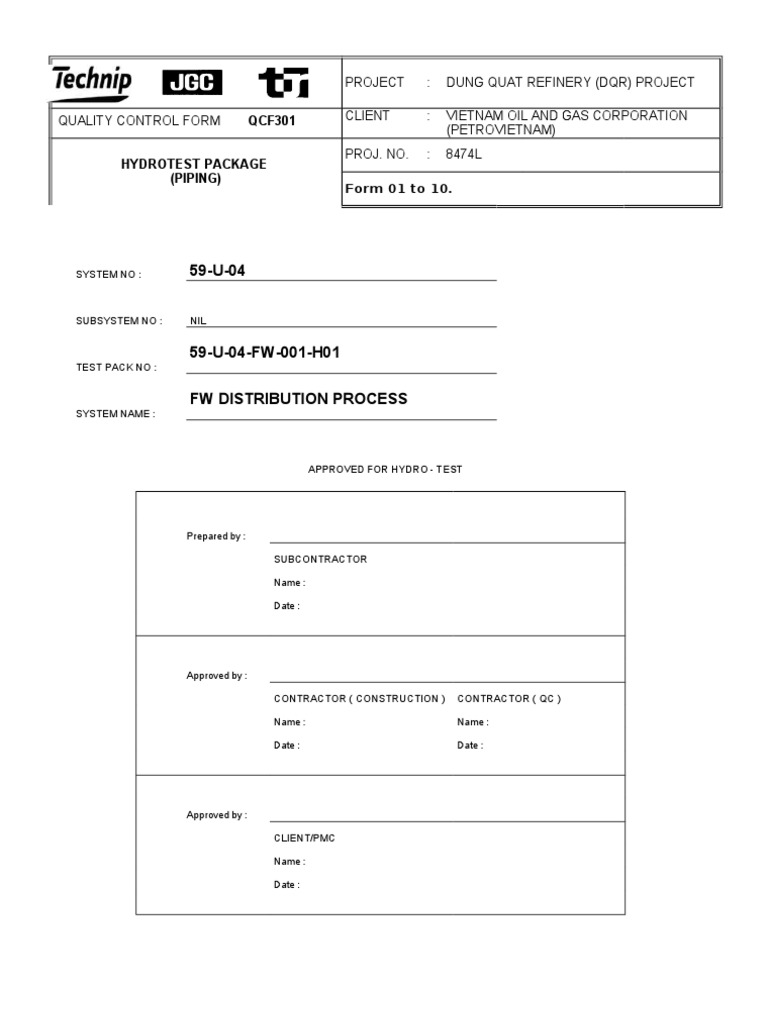 Qcf301 Hydrotest Package (Piping)Sample Energy Industry Petroleum