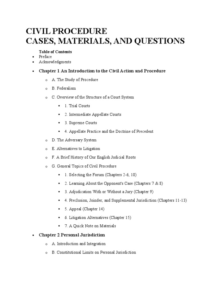 Civil Procedure Structural Outline | PDF | Discovery (Law) | Collateral ...