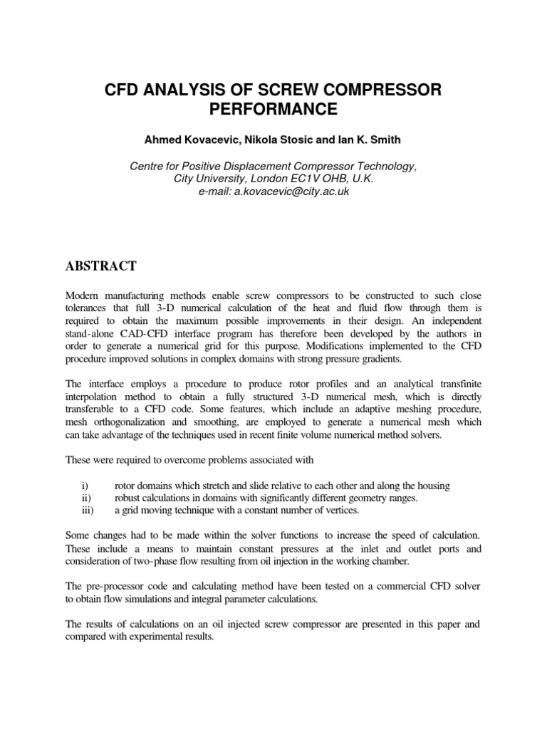 CFD Analysis of Screw Compressor Performance: Ahmed Kovacevic, Nikola ...