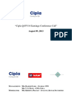 "Cipla Q1FY14 Earnings Conference Call": August 09, 2013