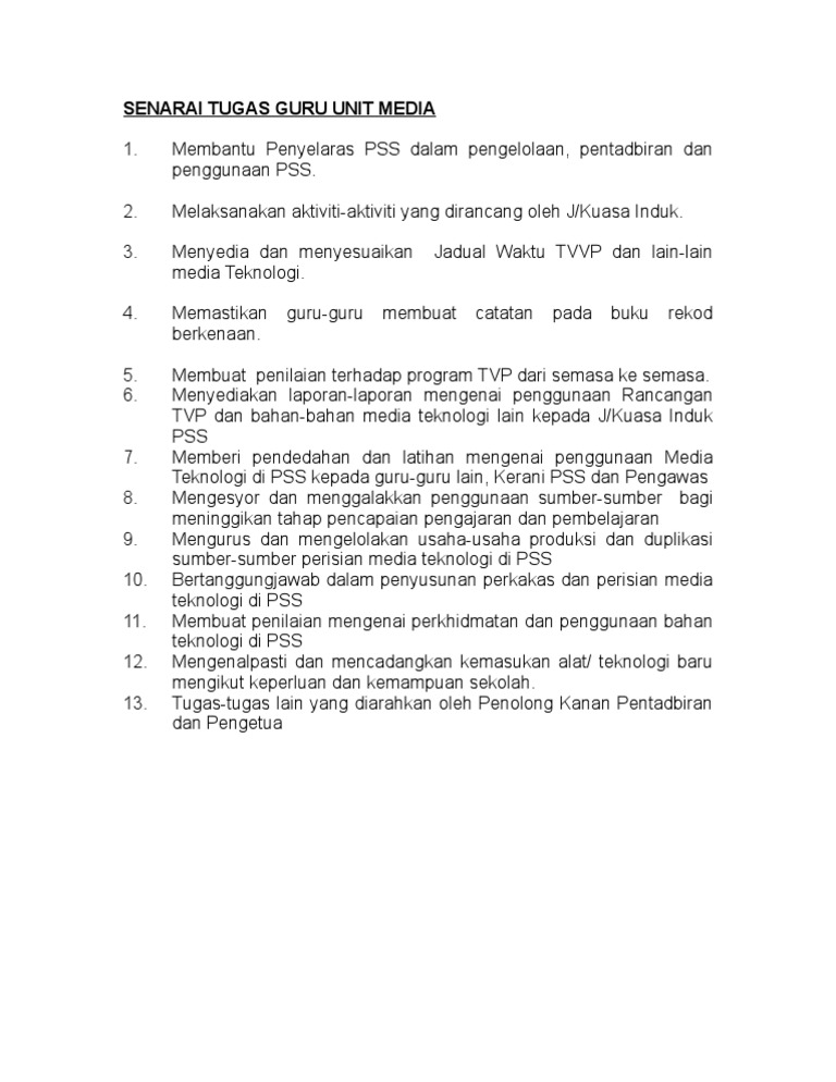 Senarai Tugas Jk Guru Unit Media Pdf