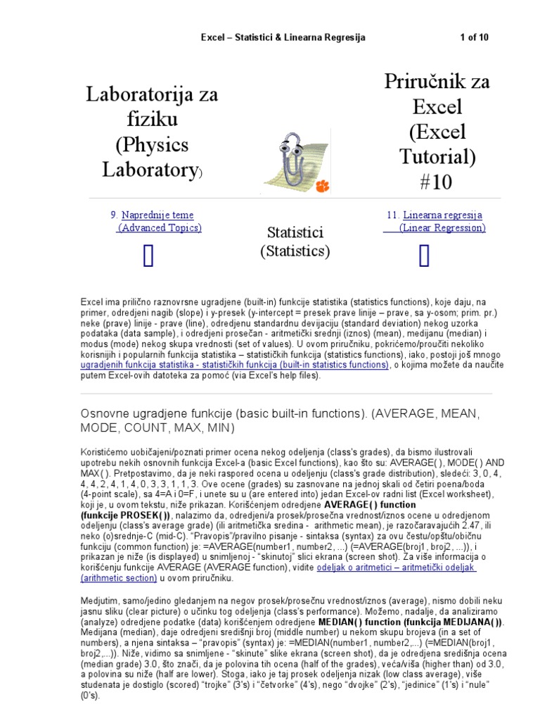 Excel - Statistici & Linearna Regresija | PDF