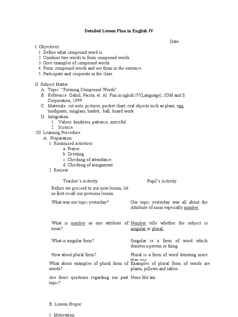 Detailed Lesson Plan in English IV | PDF | Plural | Grammatical Number