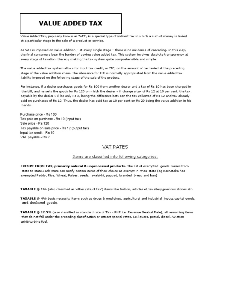 VALUE ADDED TAX Value Added Tax, Popularly Known As Value Added Tax