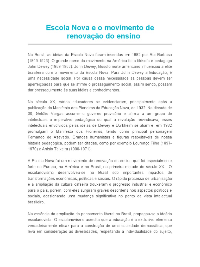 Escola Nova e o Movimento de Renovação Do Ensino | PDF | John Dewey ...