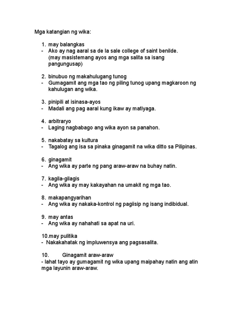 Mga Katangian Ng Wika