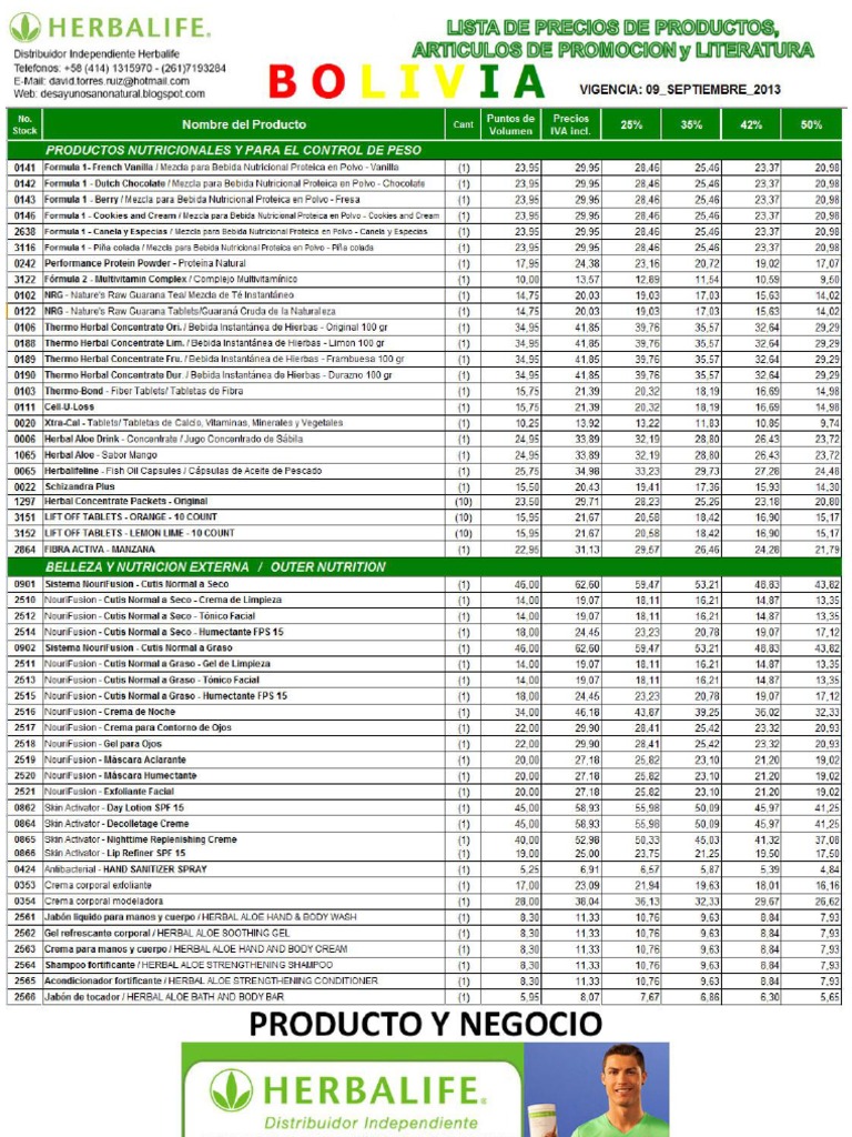 Lista de Precios de Productos Herbalife La Paz Bolivia Vigente