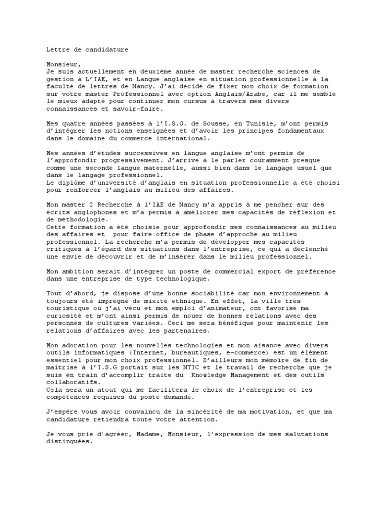 Lettre De Motivation Candidature Master Iae