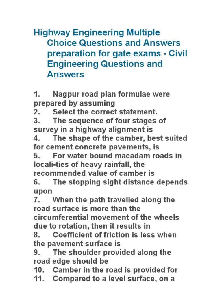 Highway Engineering MCQs and Answers | PDF | Traffic | Lane