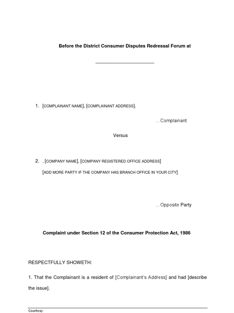 Consumer Court Complaint Draft PDF Affidavit Complaint