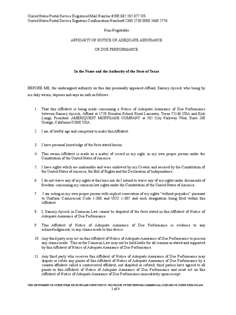 Affidavit Adequate Assurance of Due Performance Ameriquest Mortgage