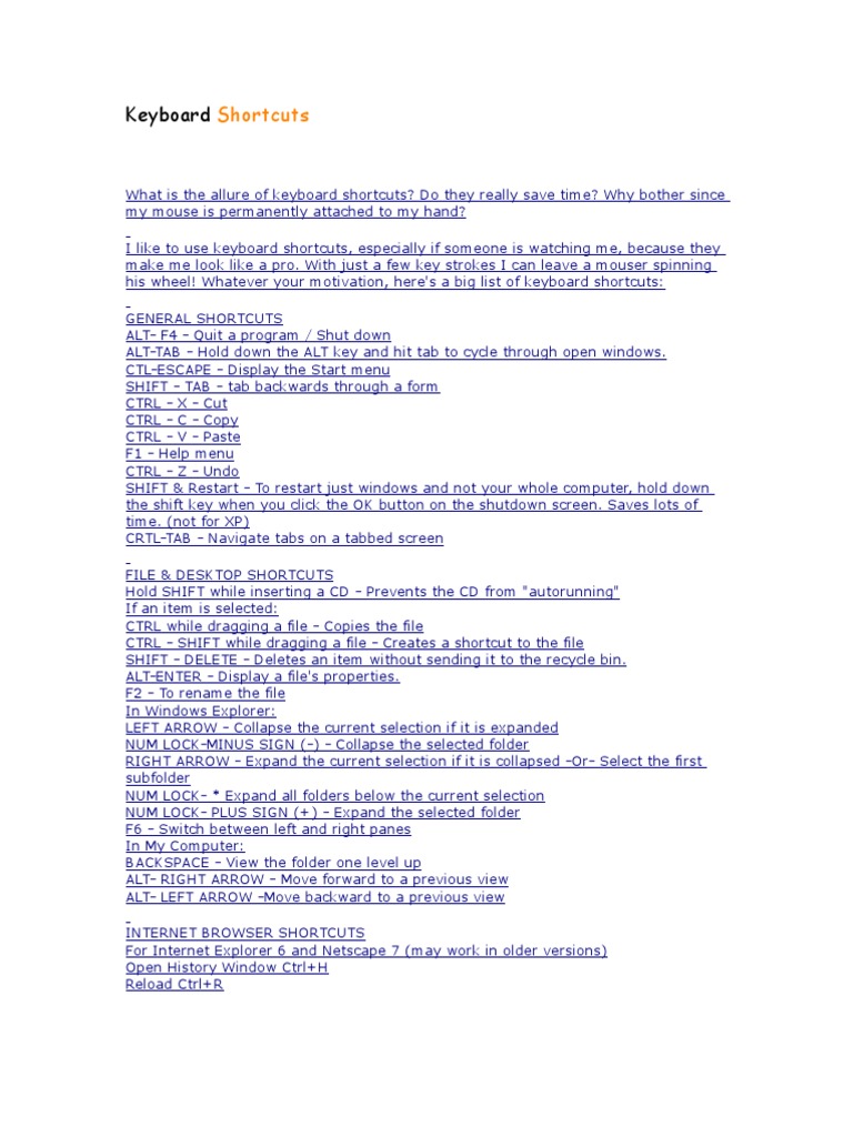 Keyboard Shortcuts | PDF