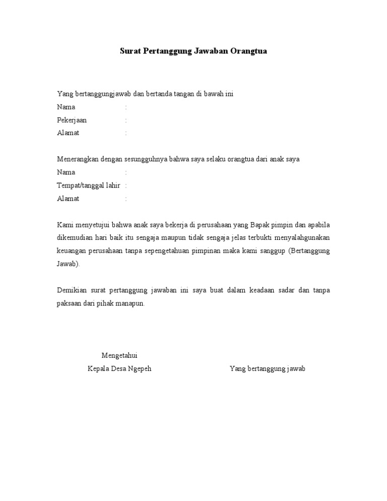 Surat Pertanggung Jawaban Orangtua