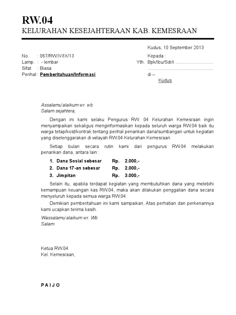 Contoh Surat Edaran Rt Kenaikan Iuran Contoh Surat