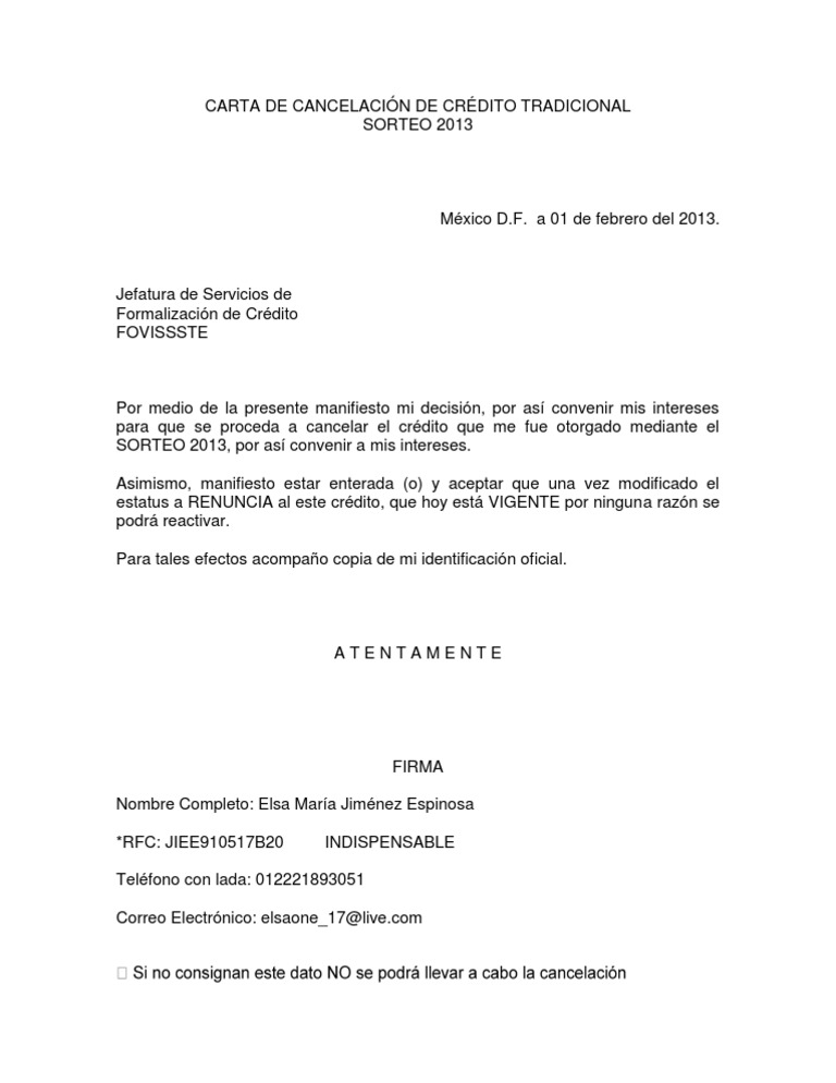 Carta de Cancelación de Crédito Tradicional