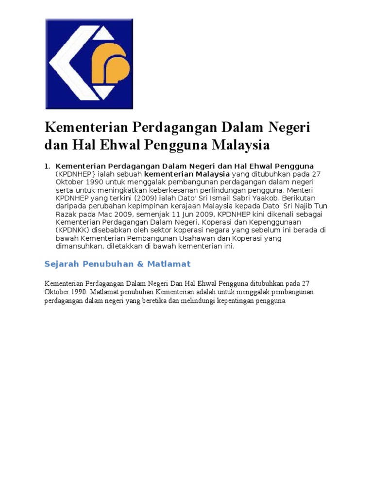 Kementerian Perdagangan Dalam Negeri Dan Hal Ehwal Pengguna 