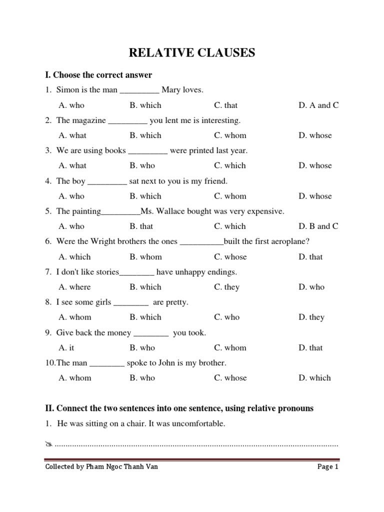 Relative Clauses: I. Choose The Correct Answer | PDF | Home & Garden
