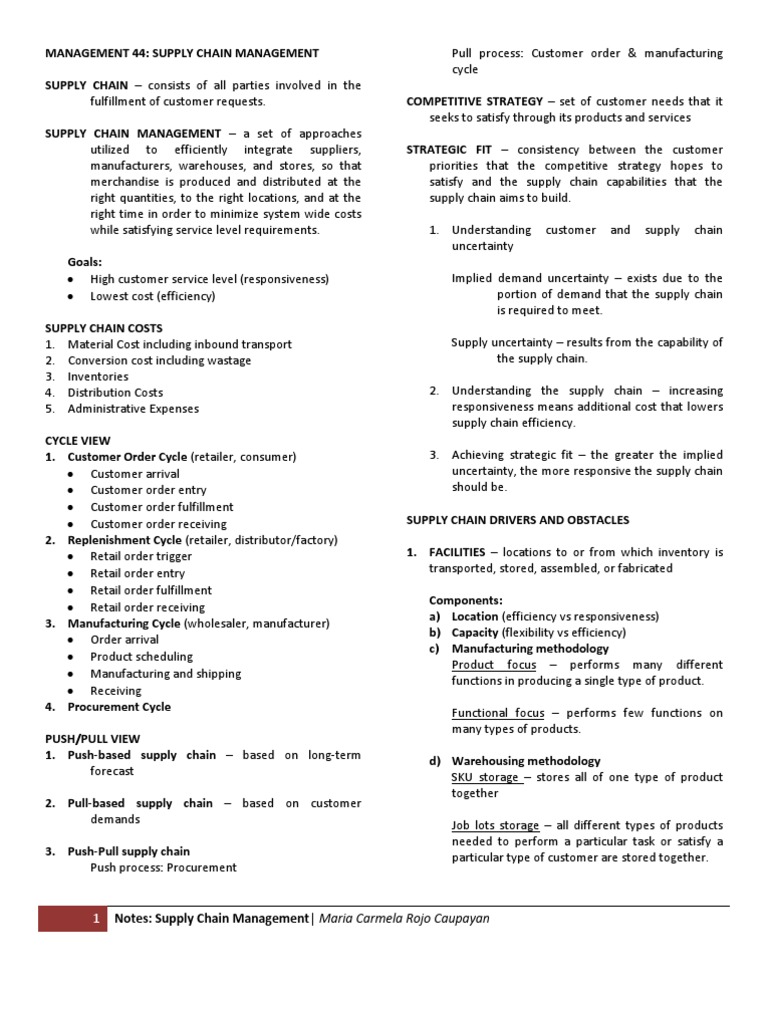 Notes: Supply Chain Management - Maria Carmela Rojo Caupayan | PDF