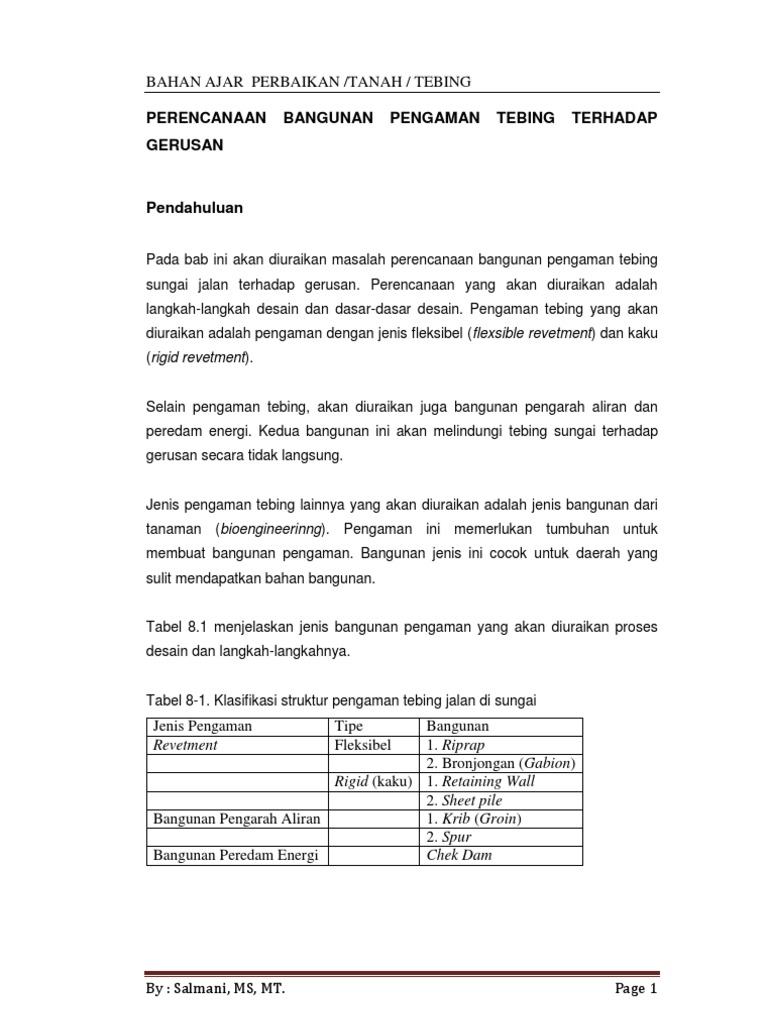Perencanaan Bangunan Pengaman Tebing Terhadap Gerusan: Bahan Ajar