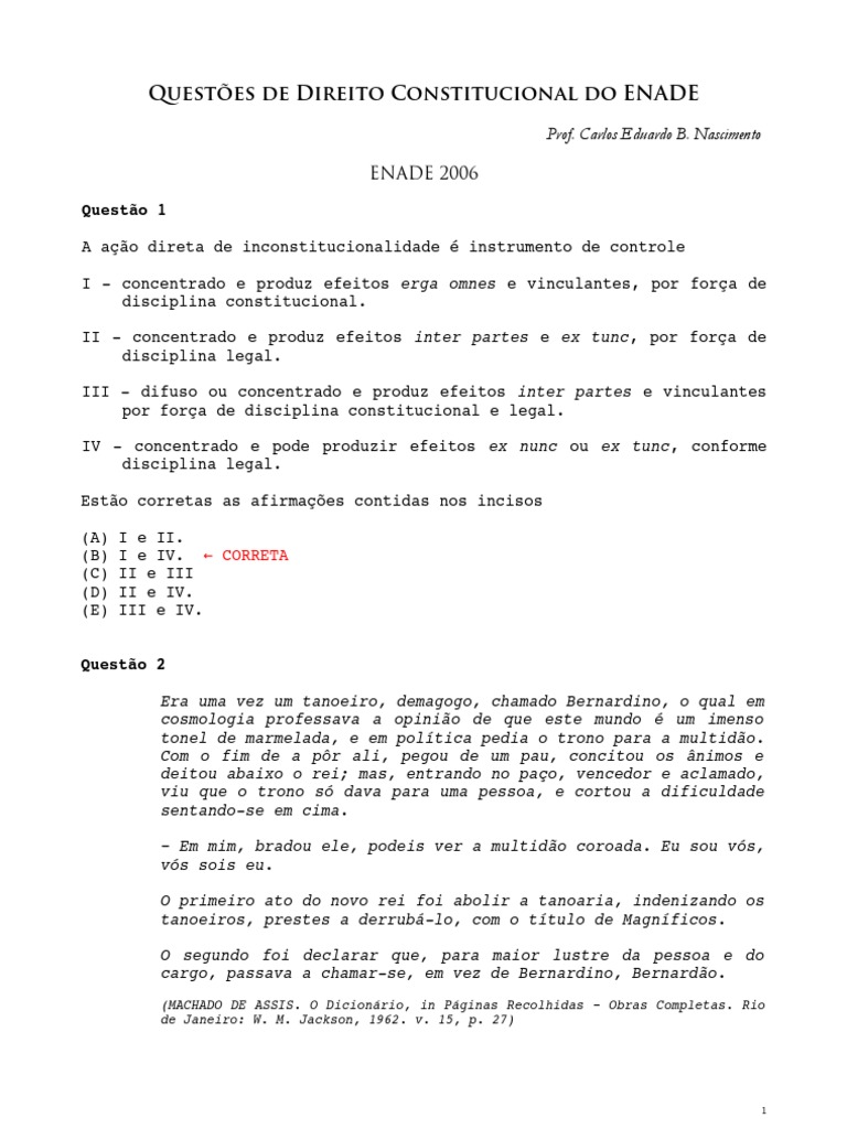 Questões de Direito Constitucional ENADE | PDF | Federação | Estado
