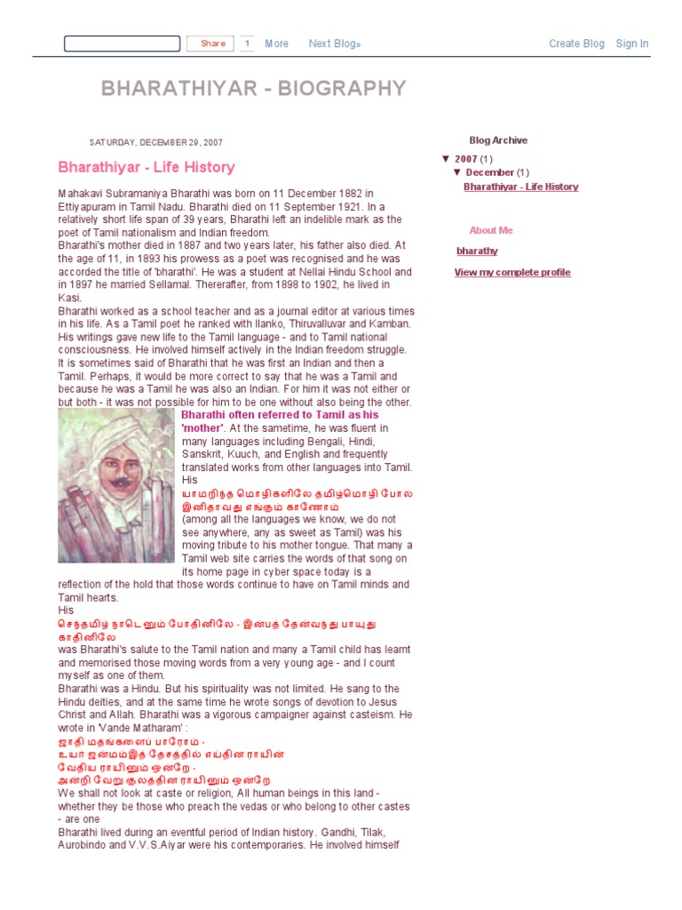 Bharathiyar - Biography - Bharathiyar - Life History | PDF