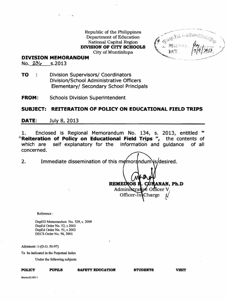 Field Trip Memo from DepEd Schools Social Institutions