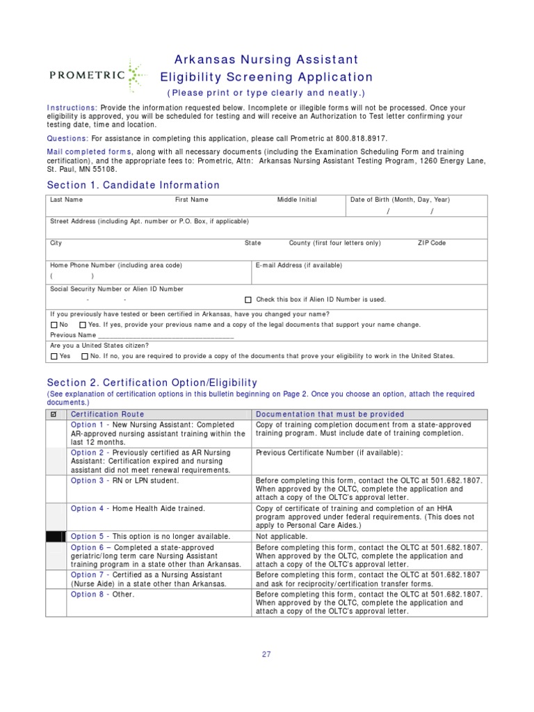 Arkansas Nursing Assistant Eligibility Screening Application PDF