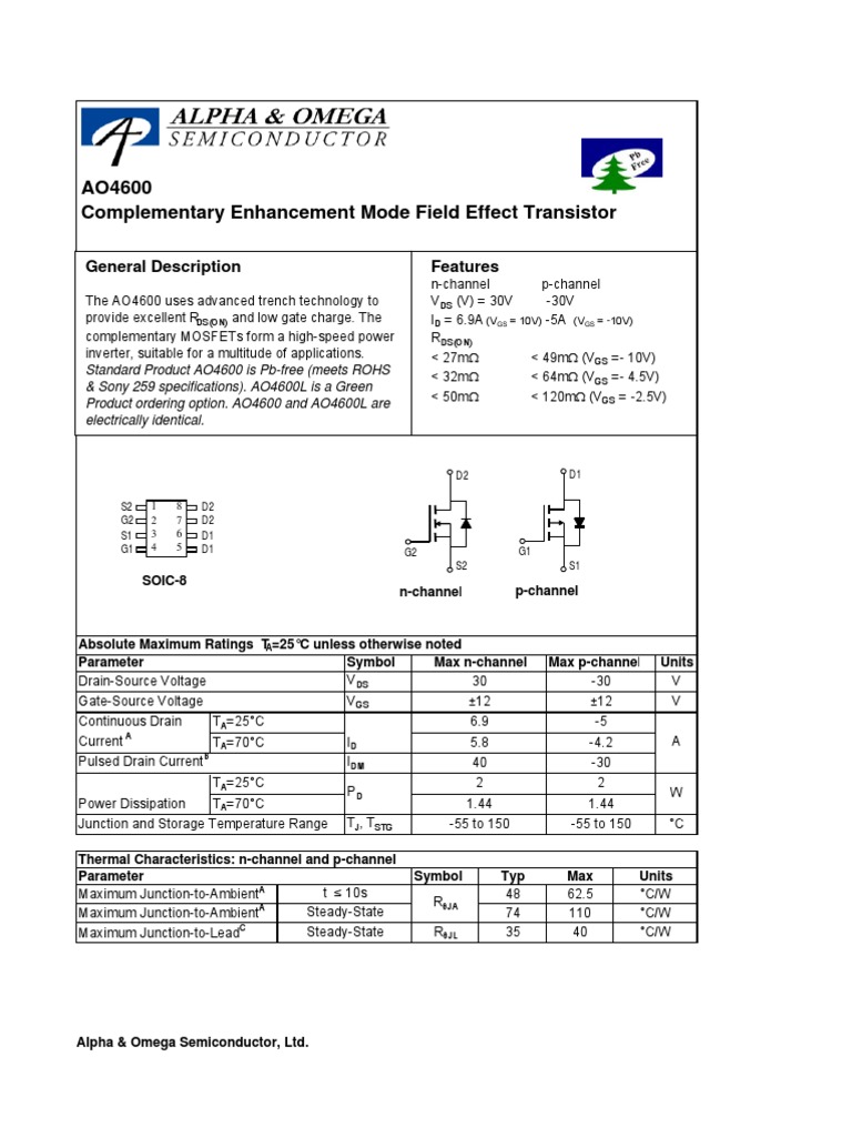AO4600 Complementary Enhancement Mode Field Effect Transistor | PDF
