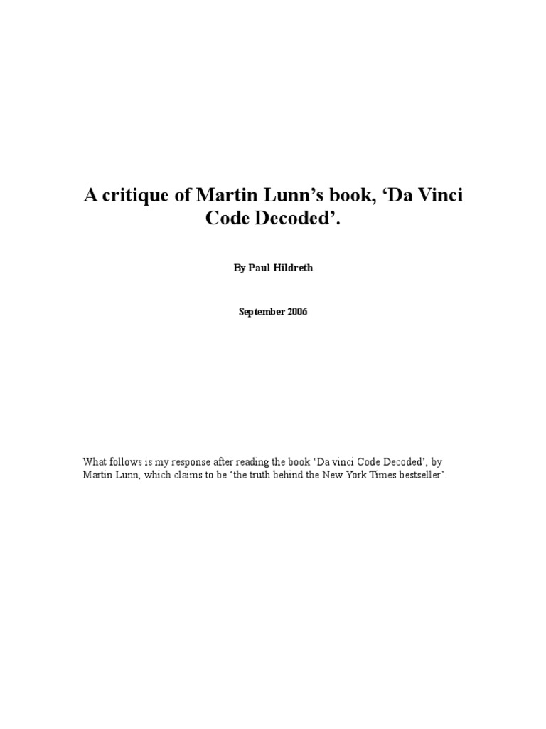 Critique of Lunn's Da Vinci Code Decoded | PDF | Epistle To The ...