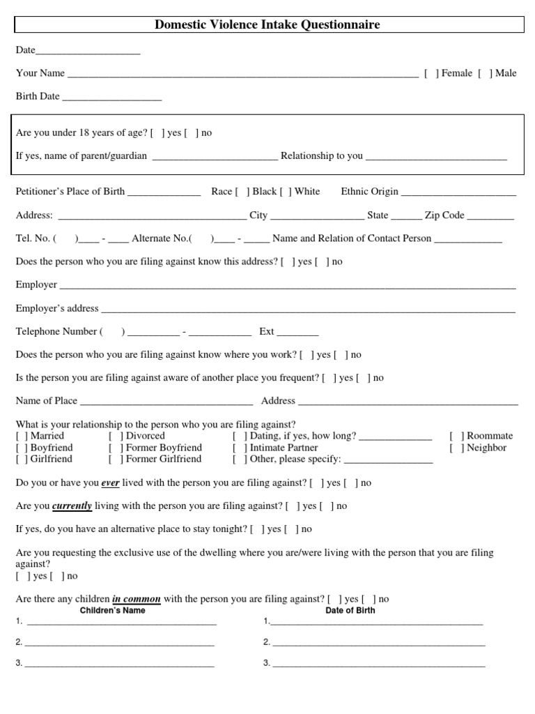Domestic Violence Intake Questionnaire | PDF | Restraining Order ...