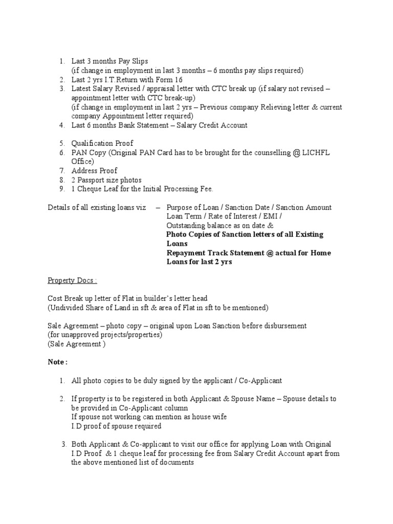 Home Loan Document Checklist for Salaried | PDF