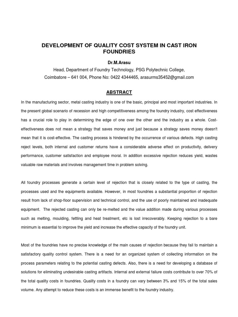 Development of Quality Cost System in Cast Iron Foundries PDF
