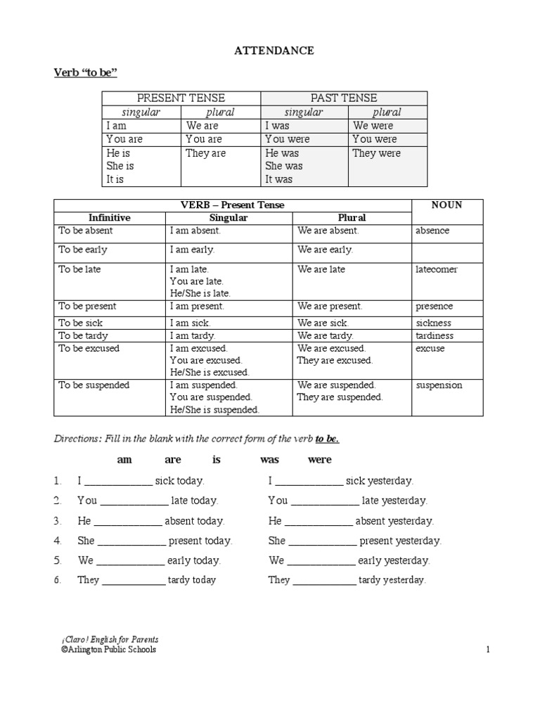 Singular Plural Singular Plural: Attendance Verb "To Be" | PDF ...