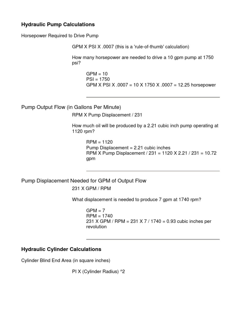 Hydraulic Pump and Motor Calculations | PDF | Horsepower | Gallon