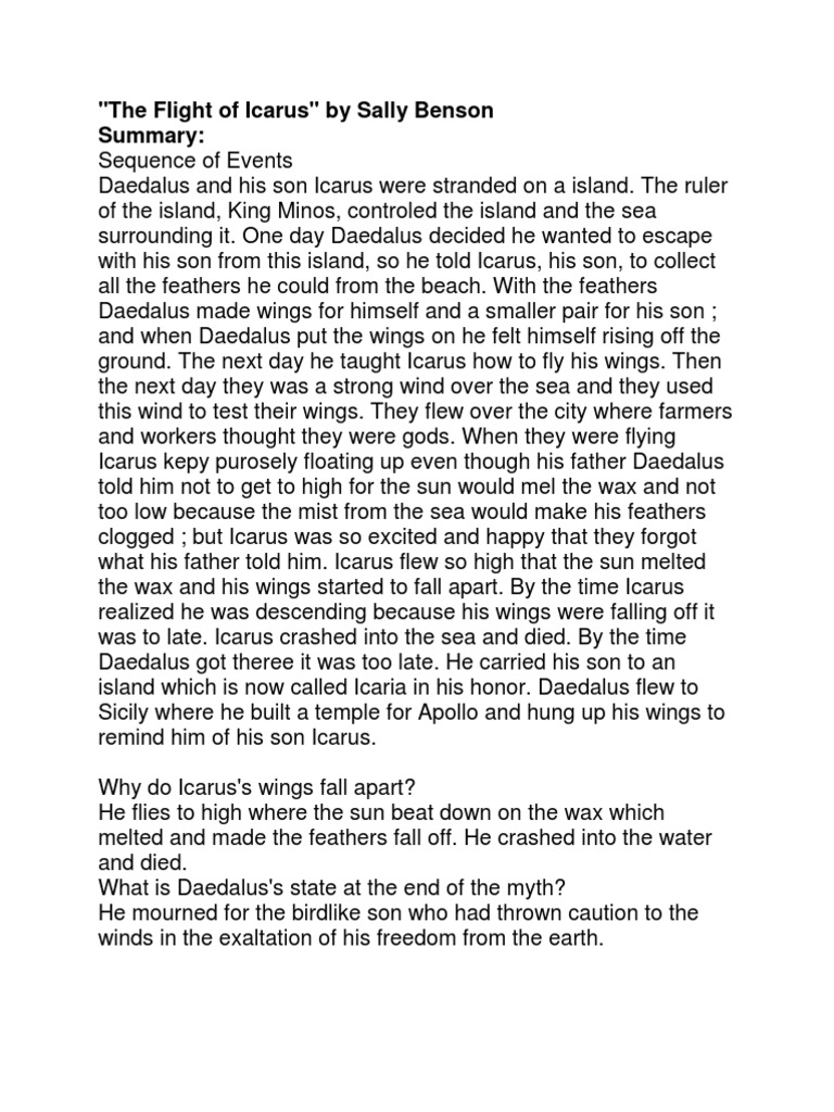 "The Flight of Icarus" by Sally Benson Summary