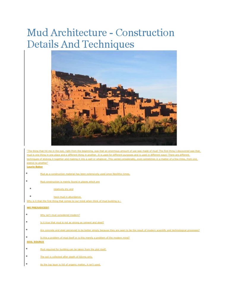 Mud Construction Techniques Explained | PDF | Mud | Soil