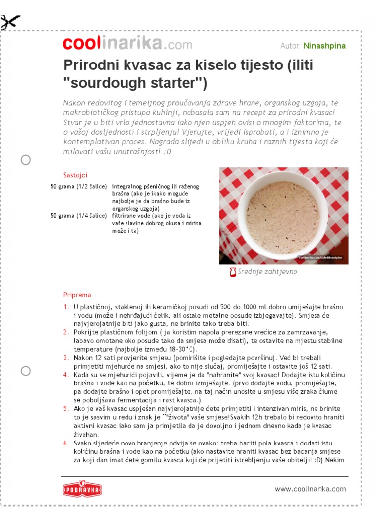 Prirodni Kvasac Za Kiselo Tijesto Iliti Sourdough Starter PDF