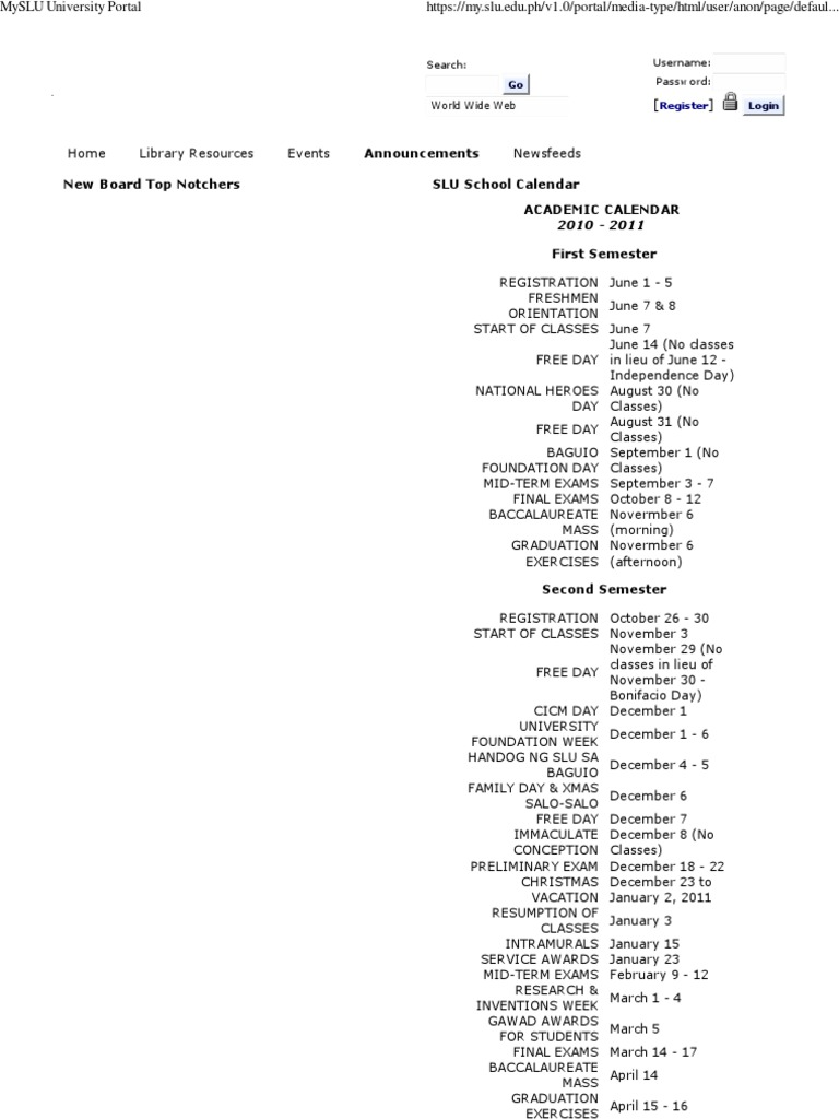 MySLU University Portal Academic Calandar | PDF | Academic Term |  Educational Organizations