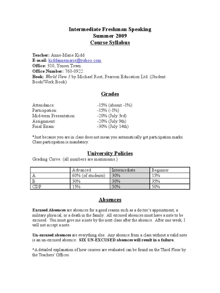 Intermediate Freshman Speaking Syllabus Summer 2009 | PDF | Plagiarism ...