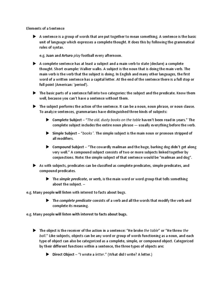 Elements of A Sentence | PDF | Verb | Subject (Grammar)