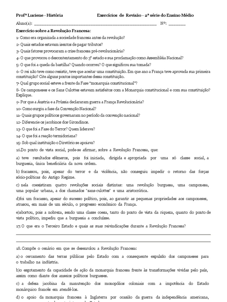 Exercícios sobre a Revolução Francesa | PDF | Revolução Francesa | Napoleão